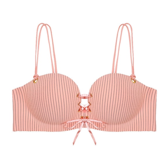 PInxai Bras for Women No Underwire Striped Tie Front Stretchy Bralettes Comfy Lifting Cute Bras with Support,Pink,38/85C