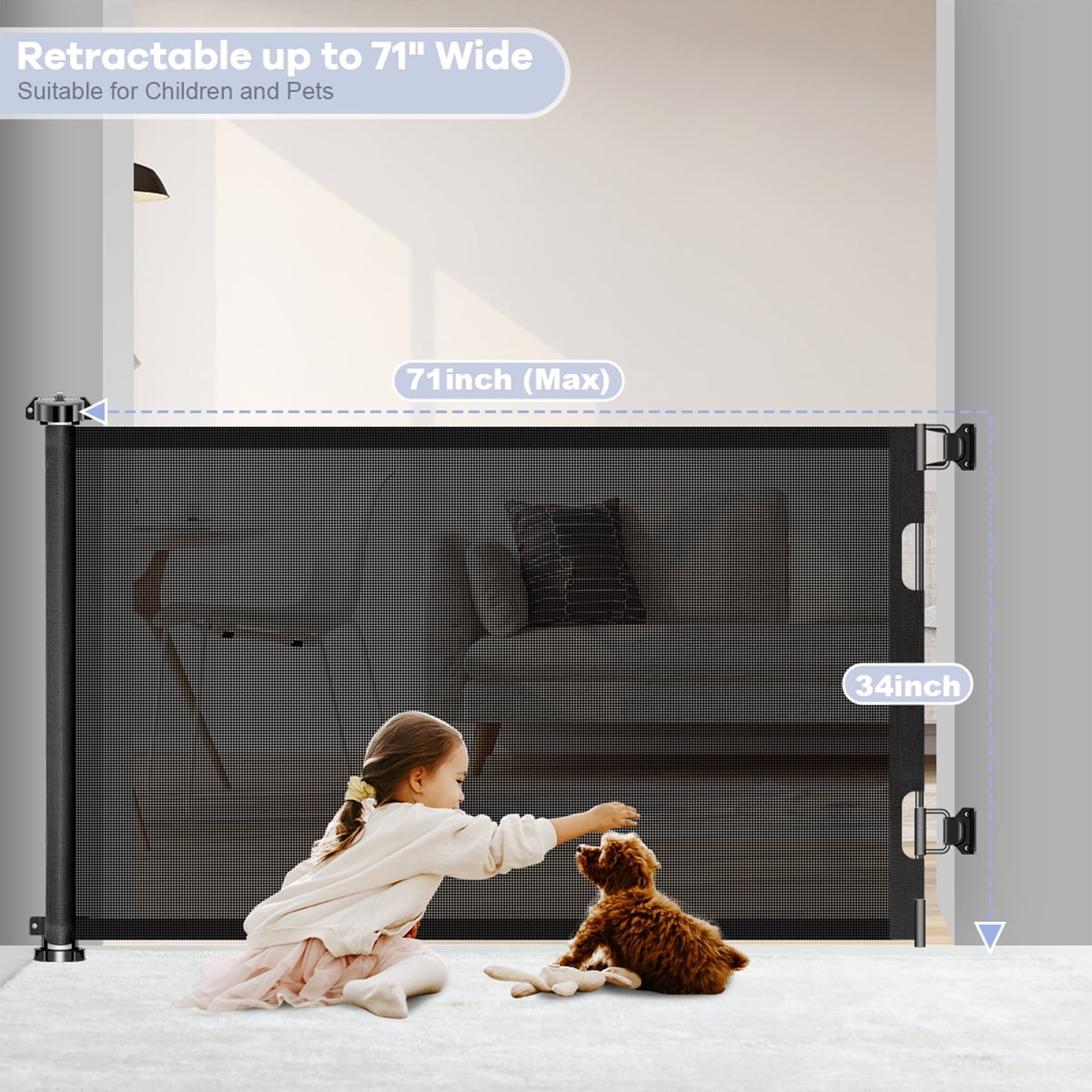 HDJ 71in Retractable Baby Gate,34in Tall Mesh Baby Safety Gate for Stairs,Metal Auto-Lock Dog Gate,Extra Wide,Black