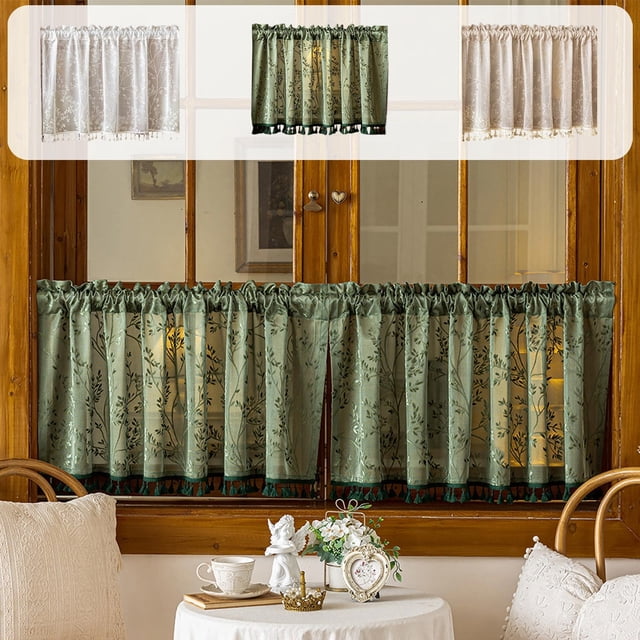 Yrmaups 3Pcs Printed Curtain for Kitchen, Translucent Short Curtain with Rod Pocket, Decorative Spring Summer Window Panel for Home, Cafe, Dorm, Apartment