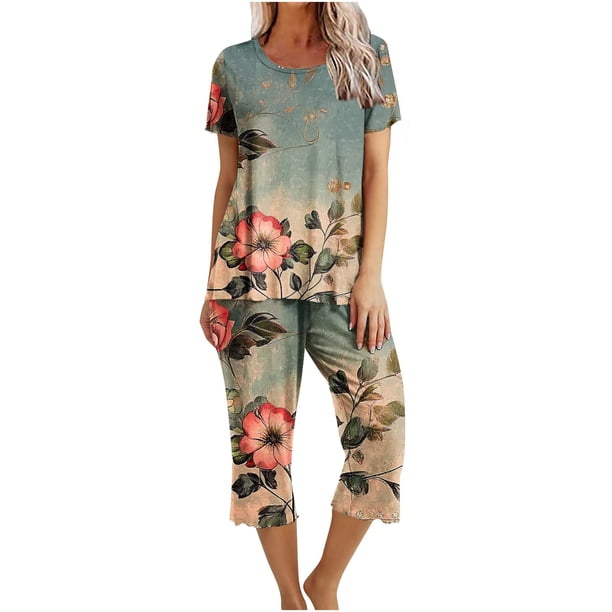 Conjunto de Verano para las Mujeres Impreso Cuello Redondo sin Mangas Y Pantalones, Casual Dos Piezas para las Mujeres