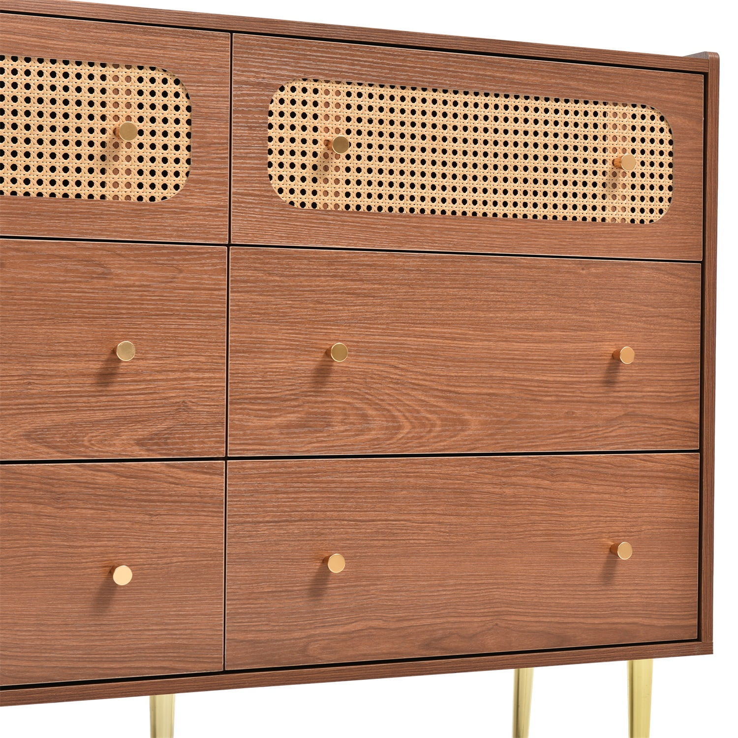 Kadyn 6 Drawer Dresser, Chest of Drawers with Metal legs, Rattan Nursery Dresser for Home Office, Natural Cherry Kadyn 6 Drawer Dresser, Chest of Drawers with Metal legs, Rattan Nursery Dresser for Home Office, Natural Cherry