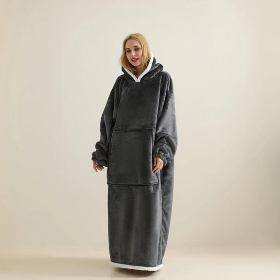 Dark Grey Giant Wearable Blanket Sweatshirt Hoodie, Thick Flannel Blanket with Sleeves and Large Pocket, Warm Cozy Hooded Blanket, Gifts for Women and Men
