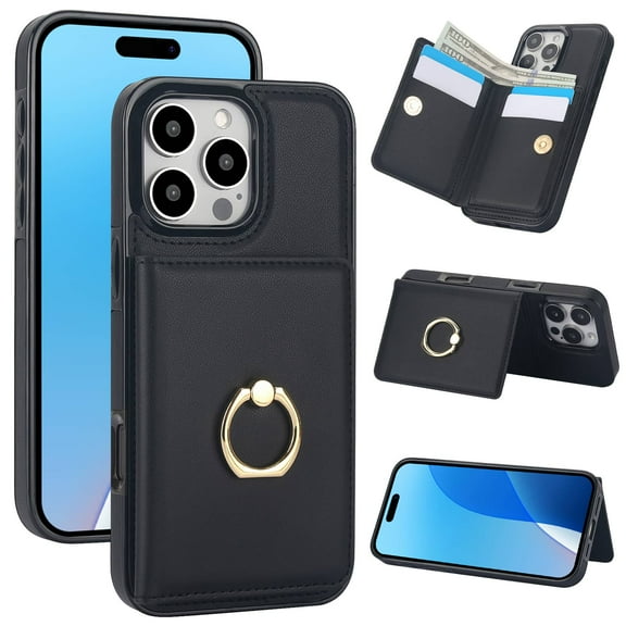 Wallet Case with Card Holder for iPhone 16 Pro Max, 360° Rotation Ring Kickstand Magnetic Clasp and Durable Shockproof Cover
