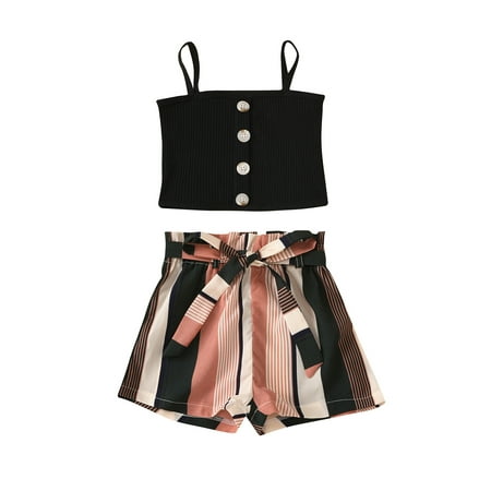 

luethbiezx SDD Toddler Girl Sleeveless Spaghetti Strap Top+Striped Shorts with Belt Outfits