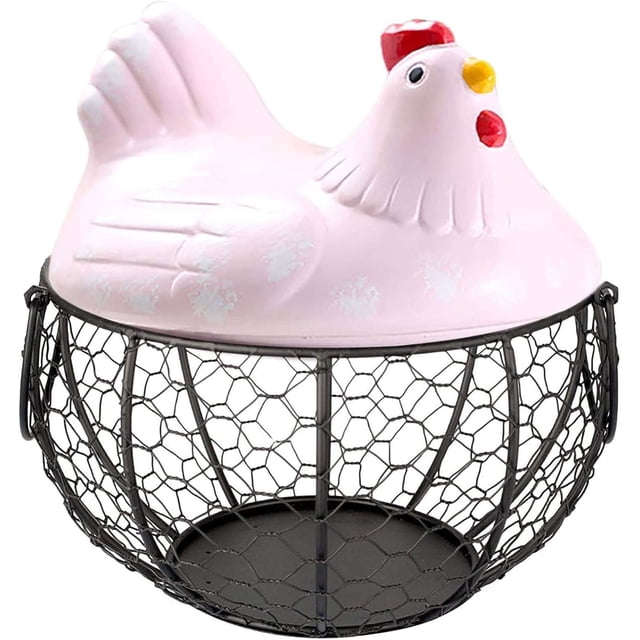 Creative Egg Baskets, Egg Basket with Lid and Ceramic Handles, Snack Fruit Container Kitchen Hen Decor, Storage Basket