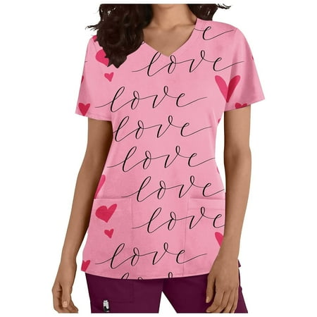 

QWERTYU Holiday Scrubs Top for Women Working Pockets T Shirt V Neck Short Sleeve Nursing Scrubs Valentine s Day Casual Uniform Pink 5XL
