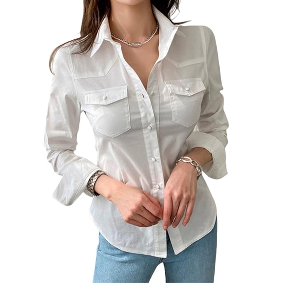 Women Button Down Shirts Long Sleeve Collared Office Work Blouses Beach Tops with Pockets White S