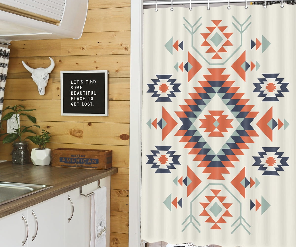 JAWO Camper RV Southwestern Shower Curtain for Travel Trailer Bathroom, Western Aztec Camping Small Narrow Fabric Shower Curtains Set, Happy Camp Outdoor Decor Accessories with Hooks 47X64