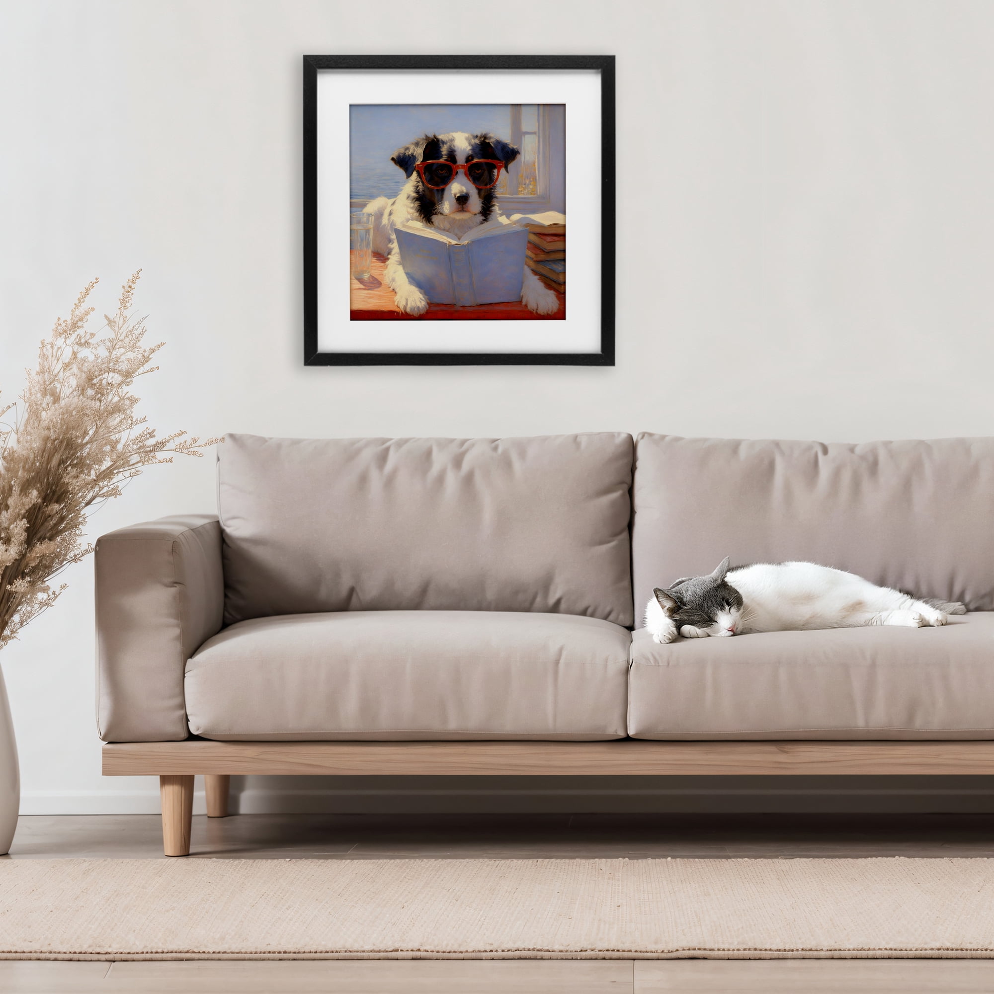 Stupell Industries Sunlit Dog Reading By Window Black Framed Print Under Glass, design by Angie Hawke