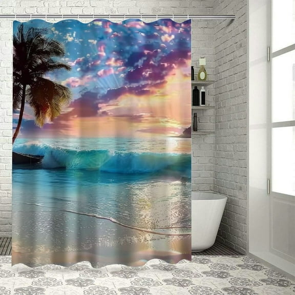 Orinice  Beach Sunset Shower Curtain Ocean Sunrise Tropical Palm Tree Hawaiian Costal Scenery Sea Waves Summer Bathroom Home Decor Set Waterproof Polyester 36x72