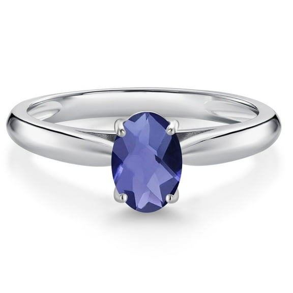 Gem Stone King 10K White Gold Blue Iolite Solitaire Engagement Ring for Women (0.65 Cttw, Oval Checkerboard 7X5MM, Gemstone Birthstone, Size 6)