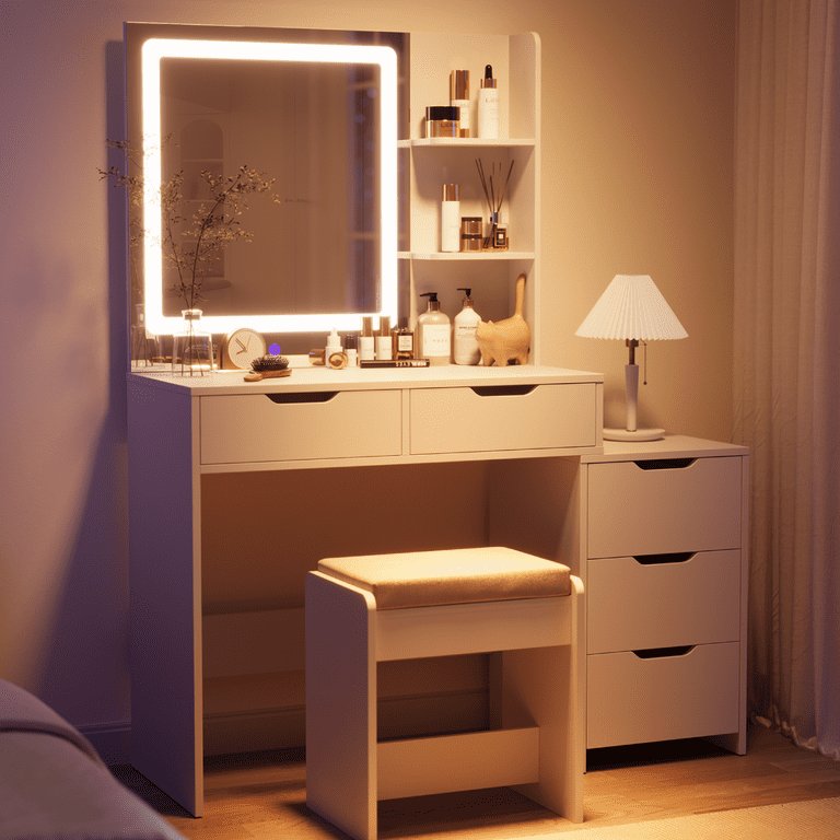 Lofka Vanity Desk with Mirror, Light and Drawers, Large