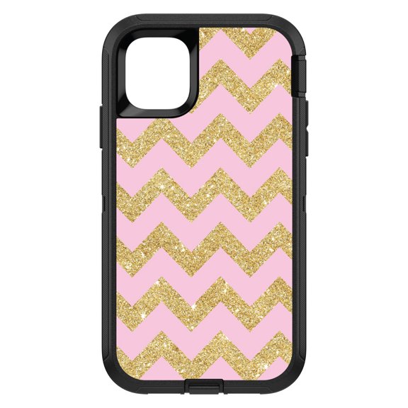 DistinctInk Custom SKIN / DECAL compatible with OtterBox Defender for iPhone 11 Pro MAX (6.5" Screen) - Pink & Gold Print - Chevron Pattern