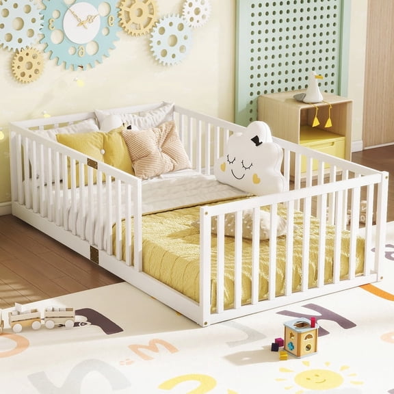 Bellemave Twin Montessori Floor Bed with High Rails and Slats, Wooden Easy Assemble Twin Size Beds Frame with Guardrails, No Box Spring Needed,White