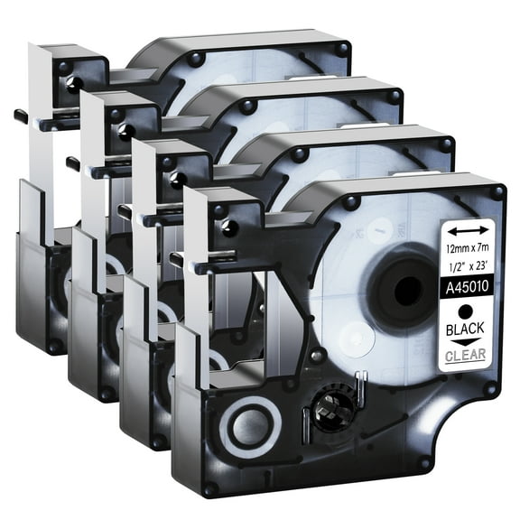 GREENCYCLE 4PK Compatible for DYMO D1 Label Tape 45010 12mm 7m Black on Clear for LabelManager LabelPoint LabelWriter Label Maker
