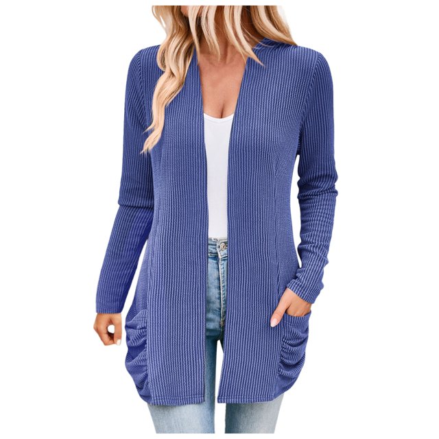 GPOECD Women Fall Solid Color Open Front Cardigan Lightweight Long Sleeve Pure Color Slim Fit Cardigan Outerwear with Pockets A-Blue,L