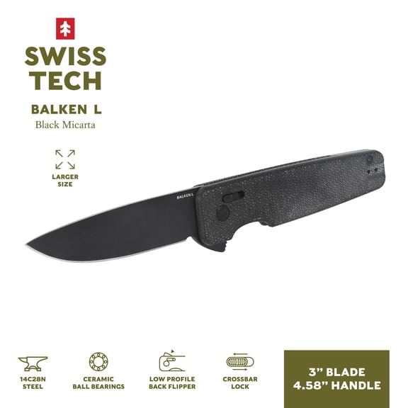 Swiss Tech Balken L Folding Knife, 14C28N Steel, Black Micarta Handle, EDC Crossbar Lock