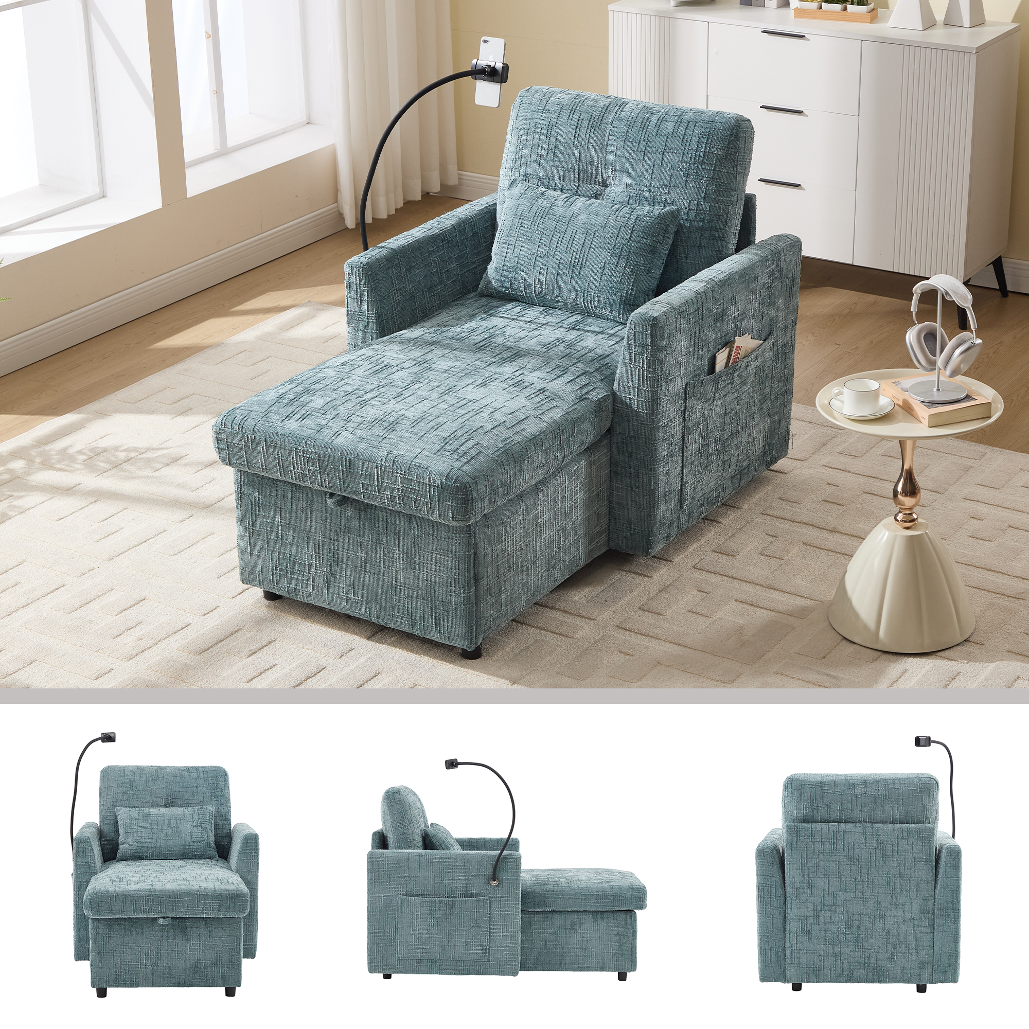 MOONMISS Chenille Upholstered Storage Lazy Single Leisure Chair Sofa with Phone Holder&Side Pocket-Lake Blue