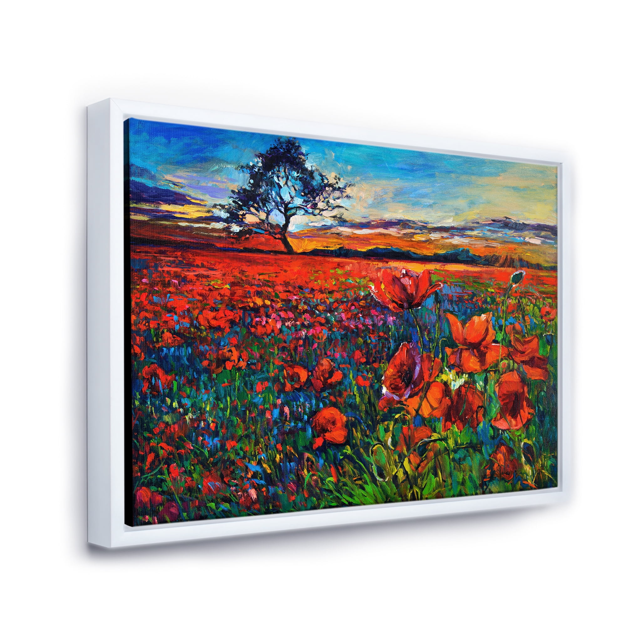 Designart 'Blossoming Red Poppy Fields With Distant Tree' Traditional Framed Canvas Wall Art Print