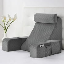 Reading pillow, back support pillow with armrests and large pockets for reading in bed and on the floor, gray
