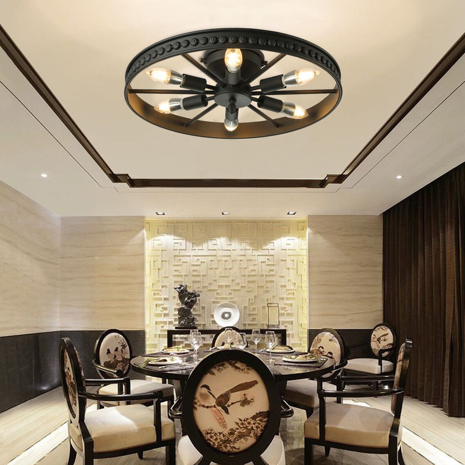Industrial Wagon Wheel Chandelier 6-Light Flush Mount Ceiling Light Fixture for Living Rooms, Bedrooms