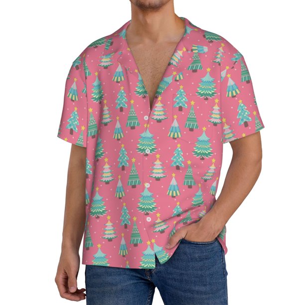 Fotbe Pastel Christmas Trees on Pink Camisa Estampada de Manga Corta para Hombre, Casual de Verano, Estilo Playero, Sin Arrugas-4X-Large