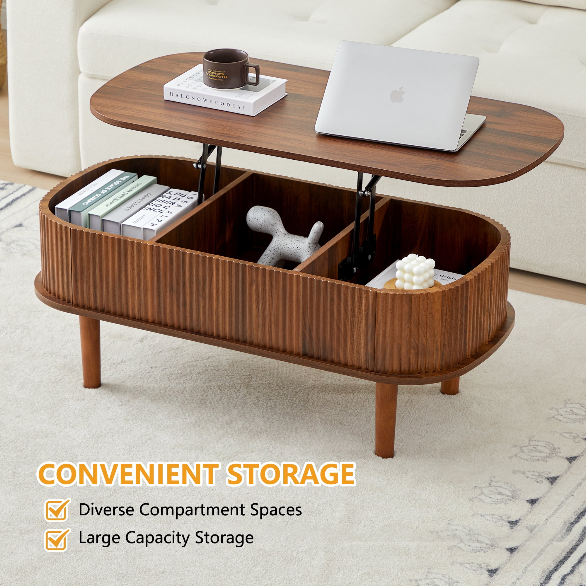 PHOYAL Wood Lift Top Coffee Table with Storage, Fluted Oval Coffee Table with Hidden Compartments for Living Room, Walnut