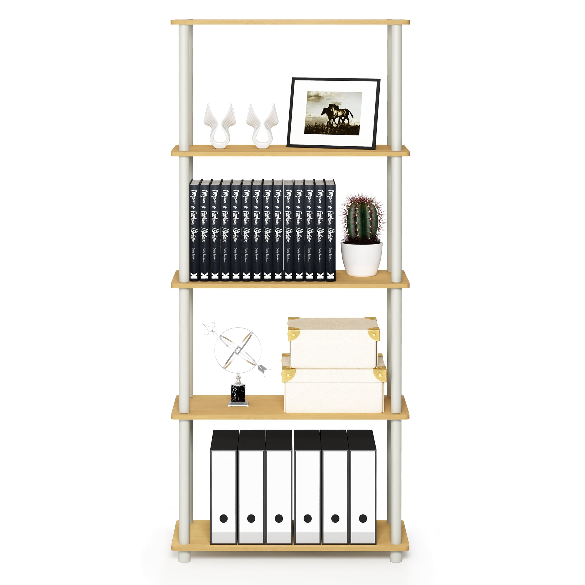 Furinno Rata 5-Tier Industrial Multipurpose Flat Base Shelf Display Rack with Metal Frame, Wide, Marble White