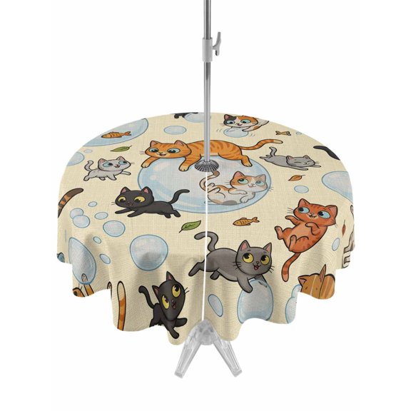 Outdoor Tablecloth with Umbrella Hole for Patio/Picnic/Party/Camping, Rustic Cat Waterproof Table Cloth Round Cover Washable, Funny Cute Fish Leaves Bubble (Dia 54")