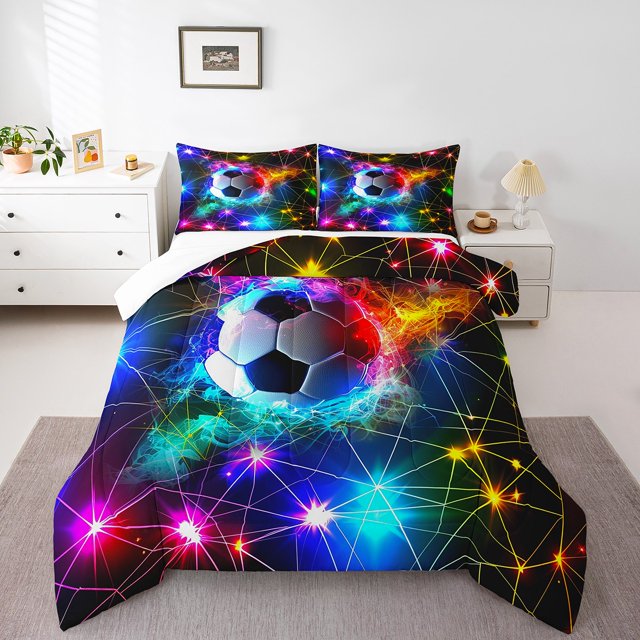 Erosebridal Ball Game Soccer Comforter Sets Queen Size,Gradient Neon Bedding Queen Comforter Set,Stripes Decoration,3Pcs