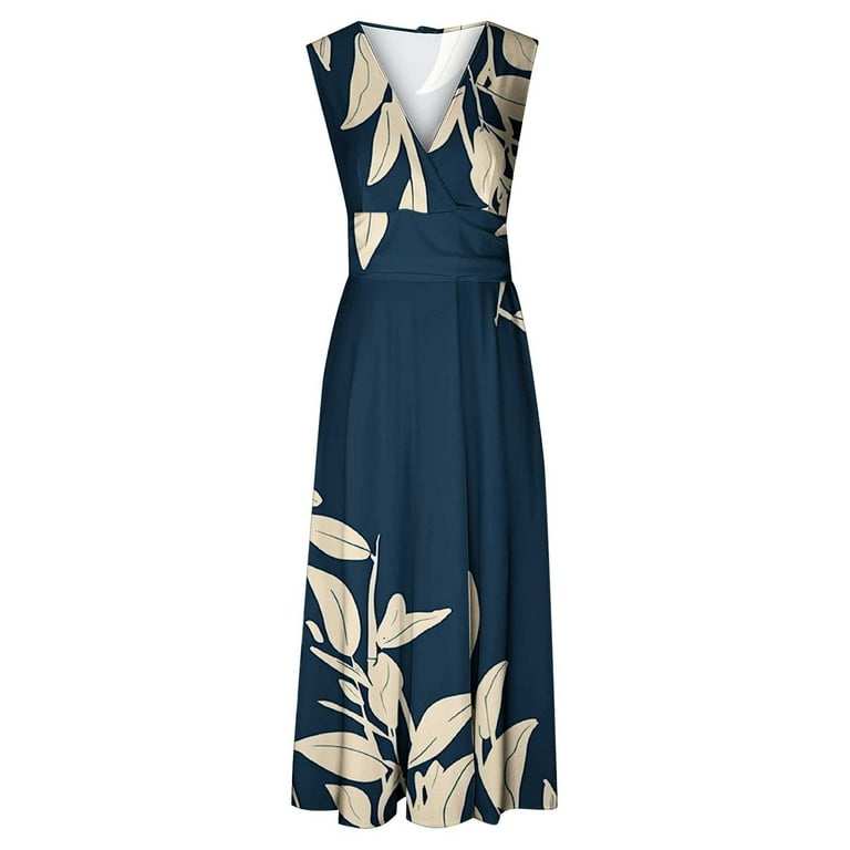 Shein Navy Blue Dress Long Sleeve WTOBBY Women's Spring Summer Elegant Wrap  V-Neck Floral Boho