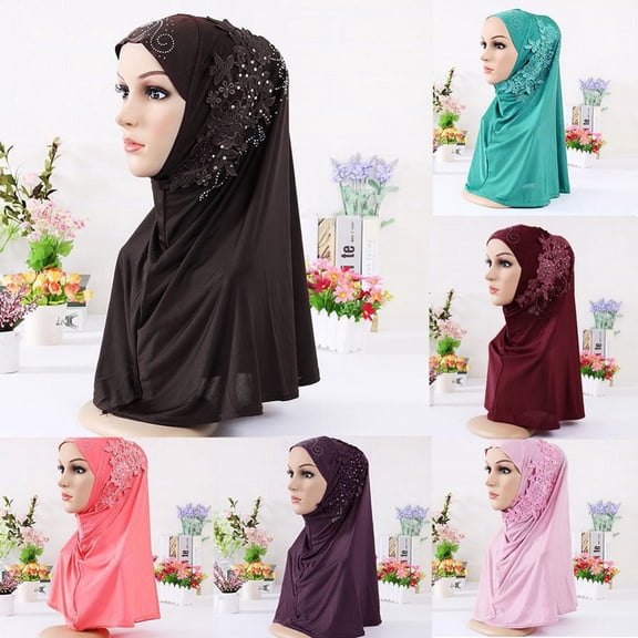 RotHome Floral Muslim Chiffon Instant Hijab, Lightweight Breathable One Piece Head Wrap Scarf, Elegant Lace Flower Detail Full Cover Headscarf for Women