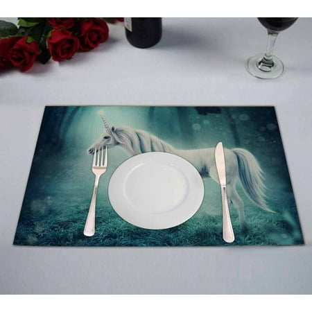 

PKQWTM White unicorn in a dark forest Kitchen Dining Table Mats Placemats Size 12x18 Inches Set of 2 Pieces