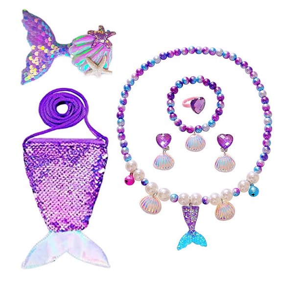 Mermaid Purse for Little Girls Jewelry Set, Kids Play Coin Purse Necklace Bracelet Earrings Ring Dress Up Accessories Mermaid Gifts