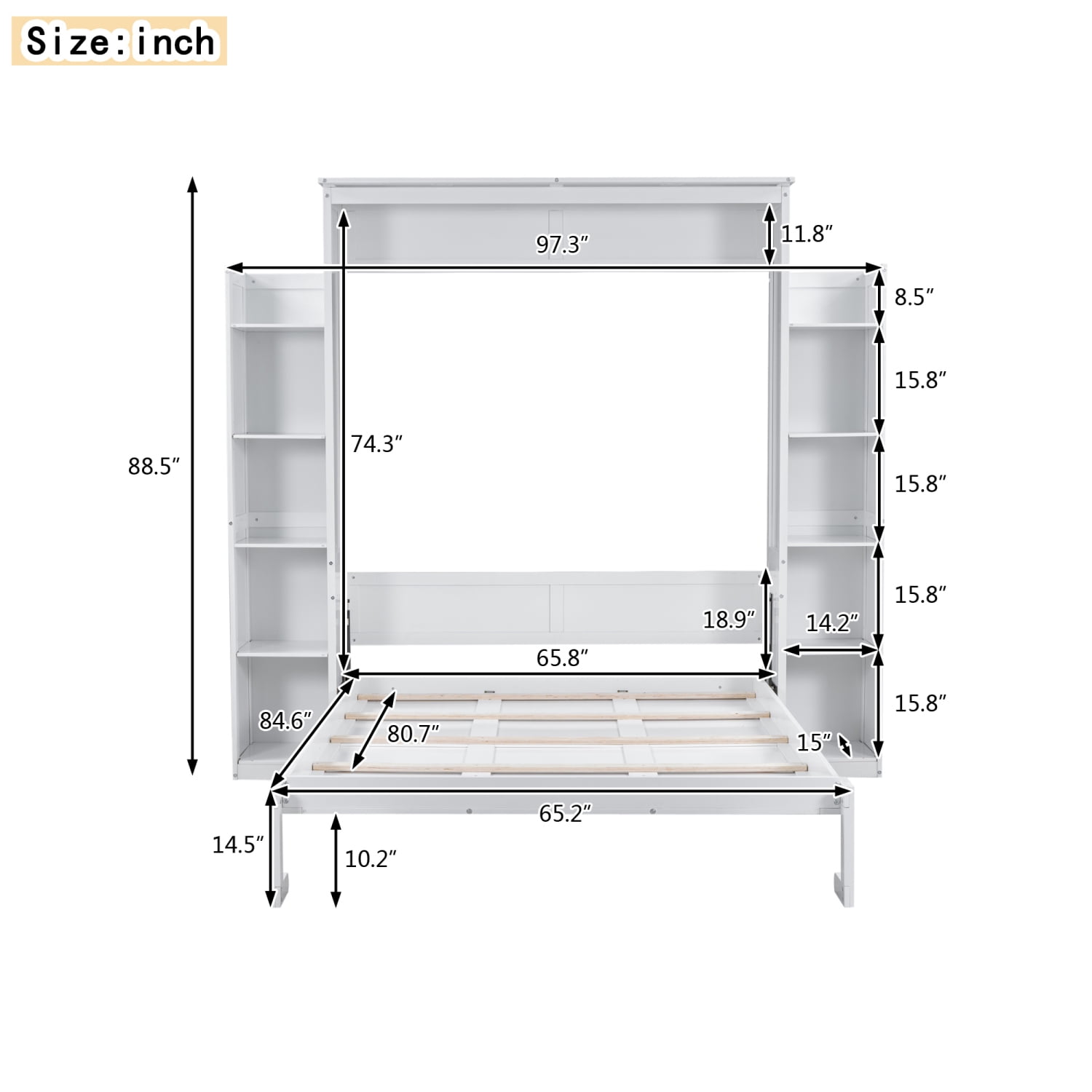 Churanty Wood Queen Size Murphy Bed with Storage Shelves and LED Lights, Foldable Wall Bed Murphy Bed Cabinet for Guest Room Home Office,White