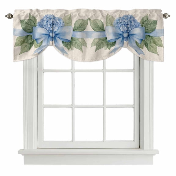 Hydrangea Flower Tie Up Valance Curtains for Windows, Kitchen Curtains Window Shades, Pastoral Blue Bow Floral Spring Lraf Light Filtering Roman Curtain Valances for Bedroom/Bathroom/Cafe 60"x18"