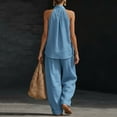 thumbnail image 5 of Cotton Linen 2 Piece Sets for Women Sleeveless V Neck Halter Top Matching Baggy Wide Leg Pants Outfit Solid Color Outfit Trendy 2026 Breathable Summer Travel Casual Outfits Tracksuit,Sky Blue M, 5 of 5