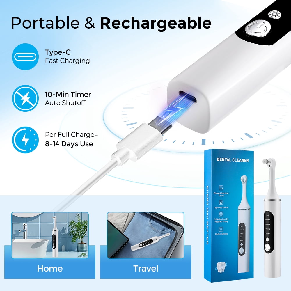 Electric Tooth Polisher, Teeth Whitening Cleaner, Plaque Dental Tartar Remover with 5 Speed Modes with 6 Brush Heads, LED Light, 10min Auto Shut Off, Rechargeable Teeth Cleaning Kit for Teeth Health