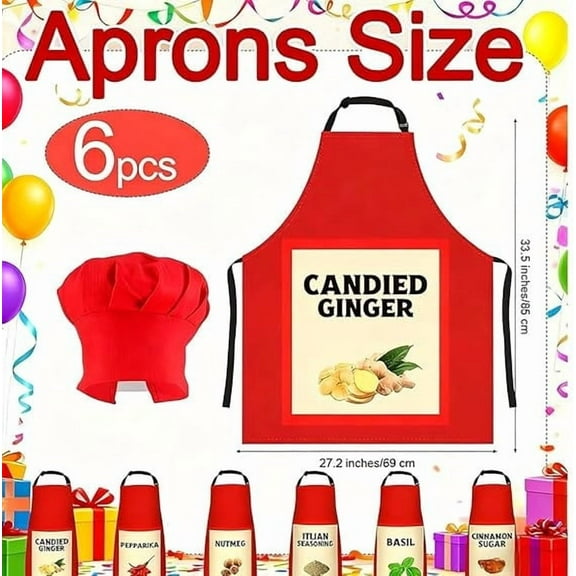6-Piece Spice Themed Apron and Hat Set, Group Costume for Halloween and Theme Parties, Condiment Print Aprons with Chef Hats for Adults, Coordinated Costume Set for Teams and Family Events