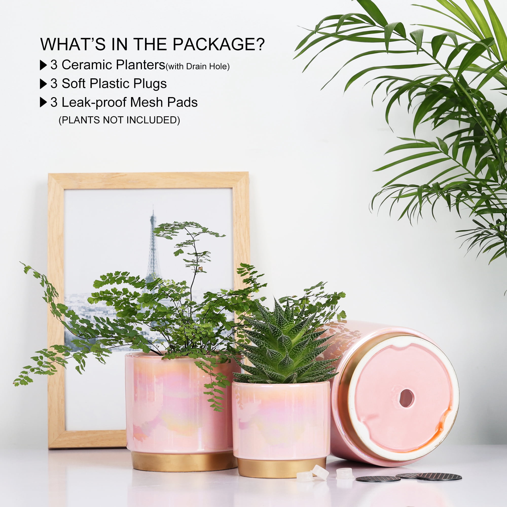 YFFSRJDJ Pink Indoor Plant Pots for Plants, Ceramic Planter with Drainage Hole, 6.0 inch+5.0 Inch+4.0 Inch. Succulent Orchid Flower Pot - Rainbow Pearl Glaze