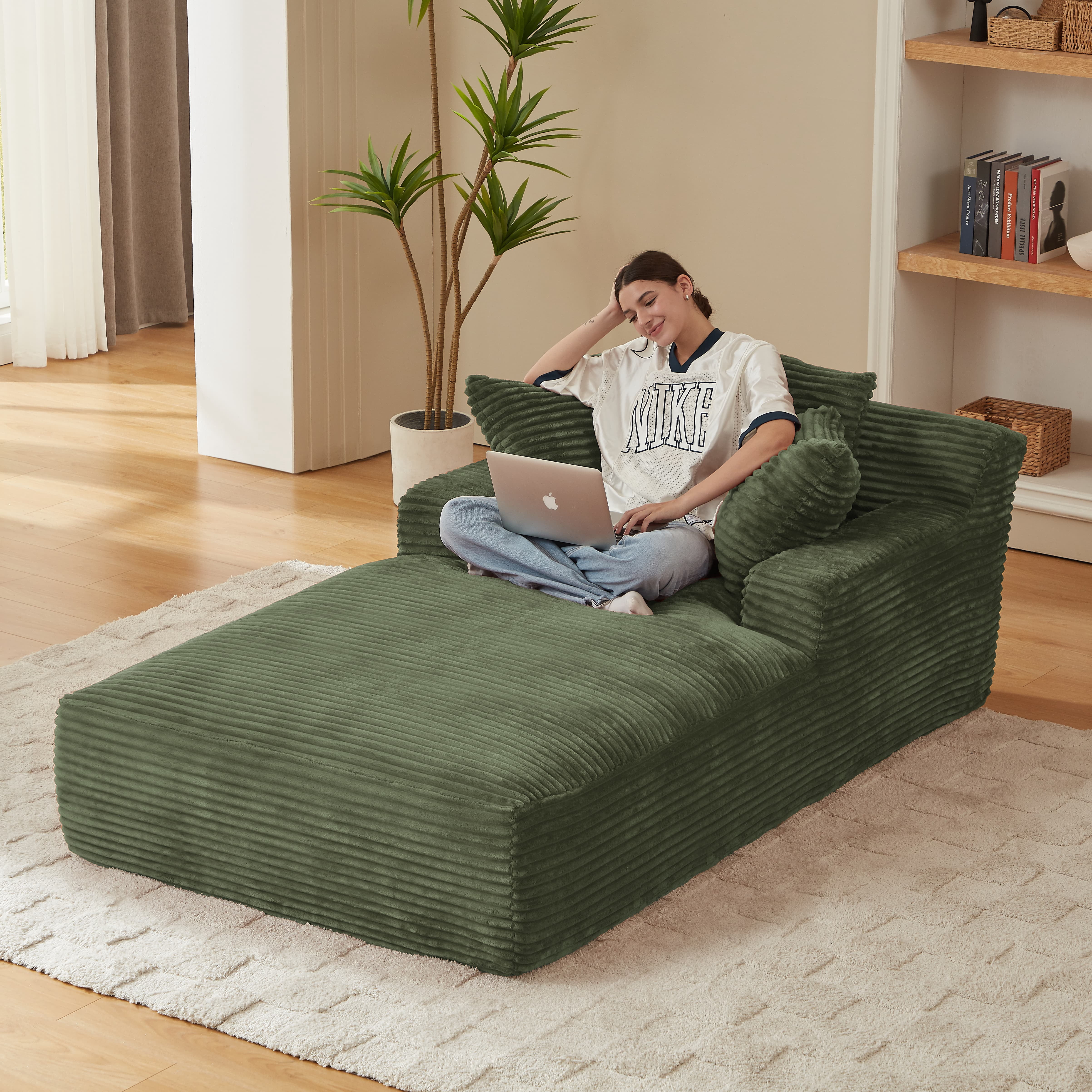 MAYEERTY Oversized Corduroy Chaise Lounge Sofa, Modern Couch with Spring Cushion for Apartment, 49*79*28"Green