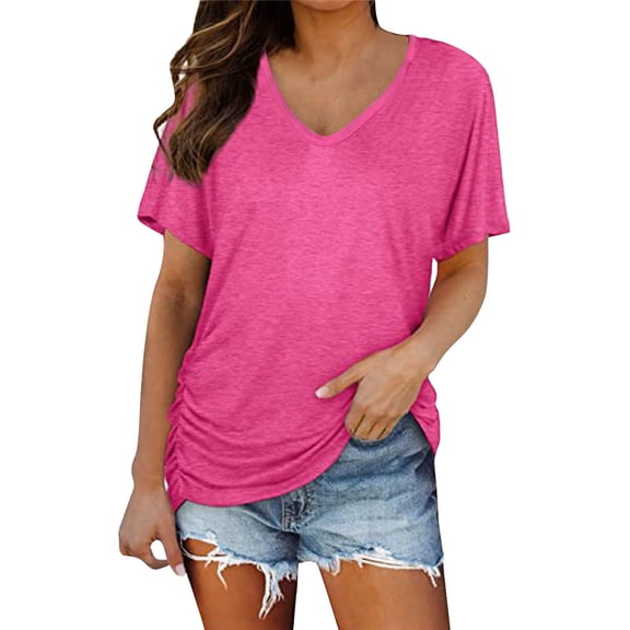 Womens T Shirts Short Sleeves V Neck Plain Color Soft Loose Fitting Summer T Shirts Tops for Women