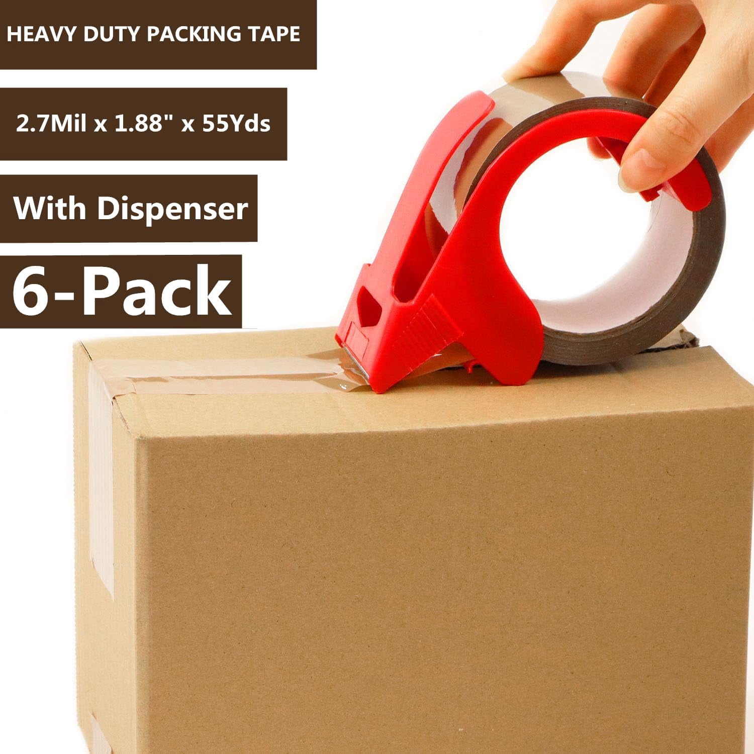 6-Pack Brown Packing Tape with Dispenser -2.7mil x 1.88" x 55Y Heavy Duty Packing Tape for Moving Boxes-Moving Tape Strong Adhesive Packaging Tape