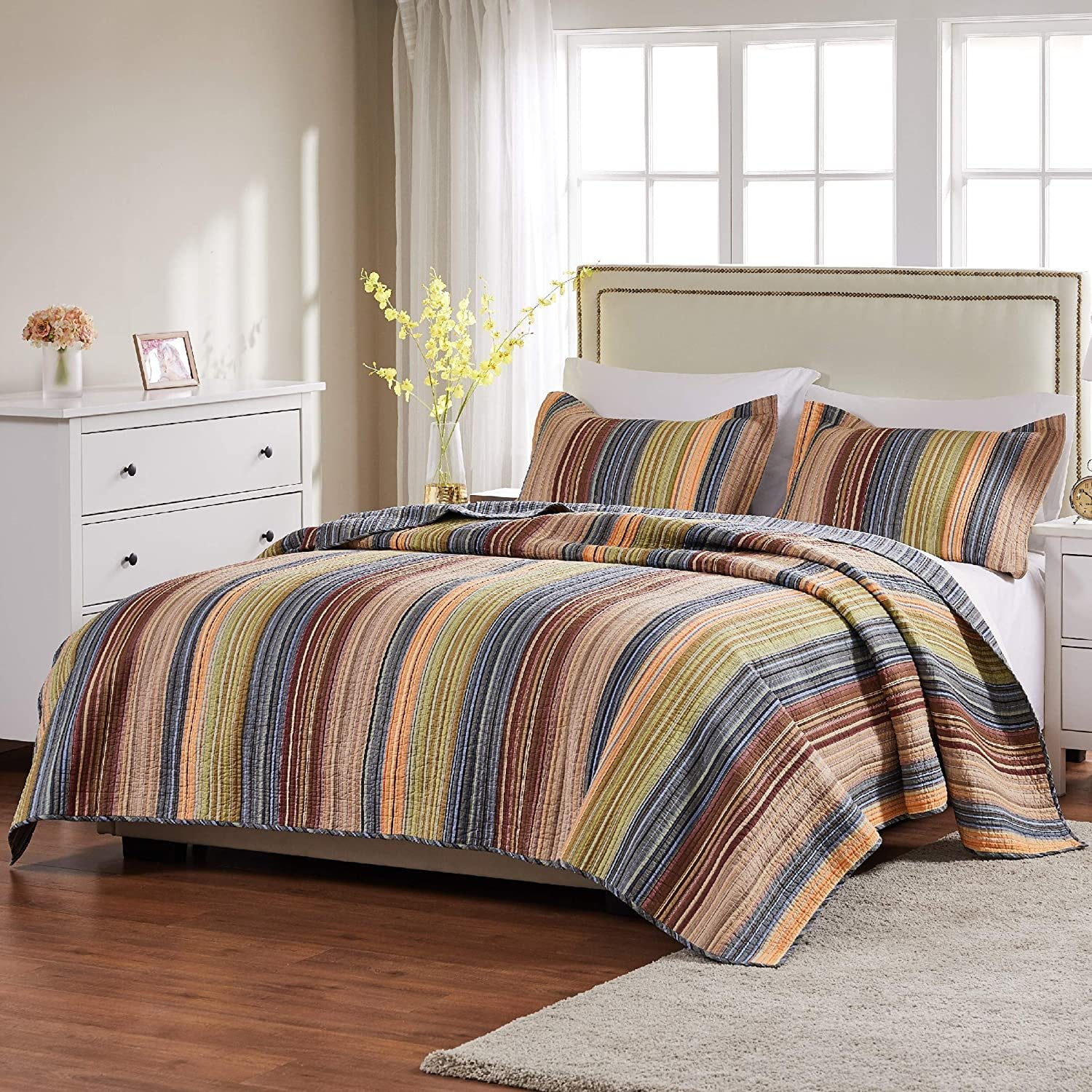 Greenland Home Katy Boho Stripe 100% Cotton Quilt and Pillow Sham Set, 3-Piece King/Cal King
