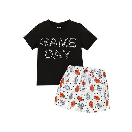 

TheFound 2Pcs Infant Baby Boy Summer Outfits Short Sleeve Letter Print T-Shirt+Rugby Printed Drawstring Short Pants Set