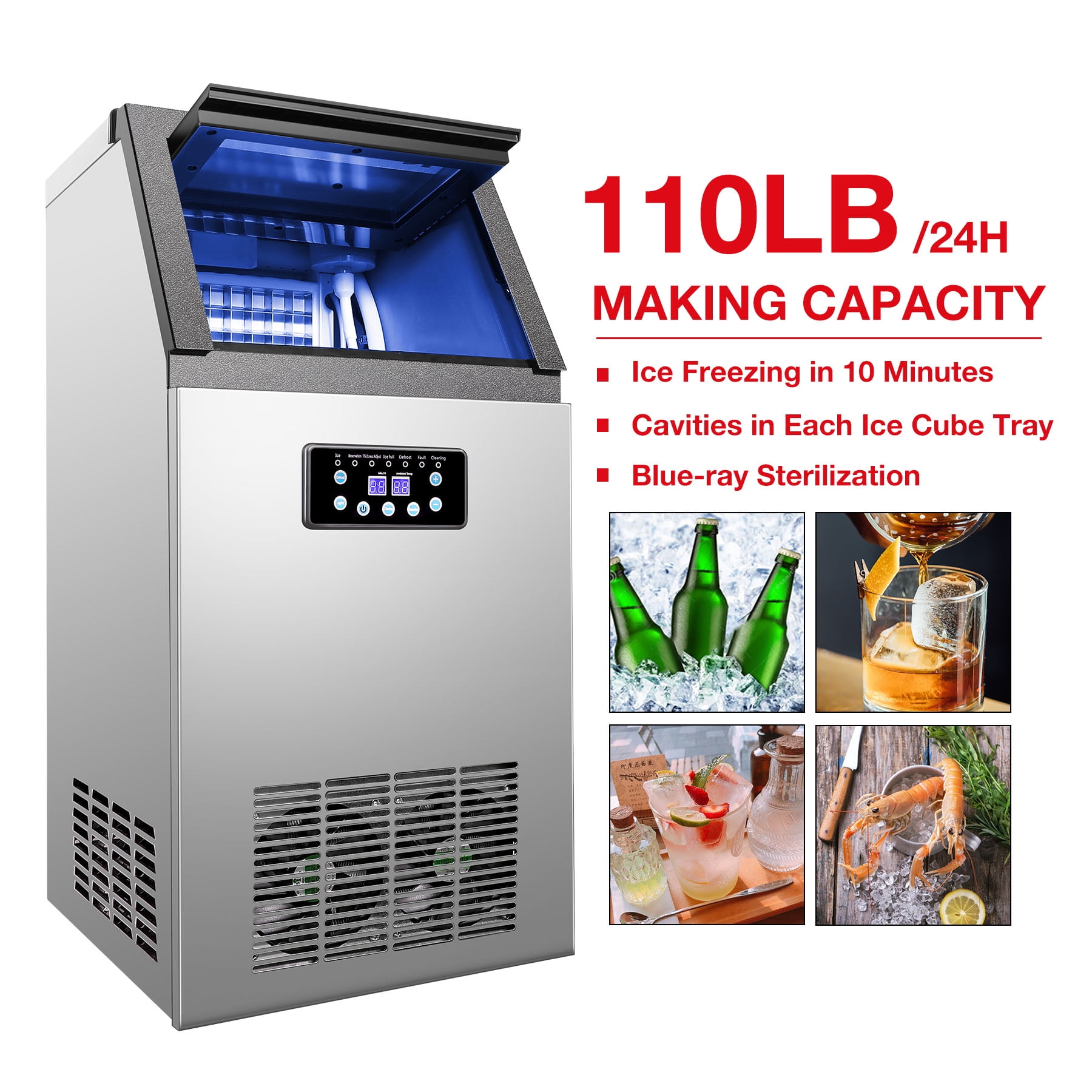 BuiltIn Stainless Steel Commercial 110Lbs/24H Ice Maker Portable Ice