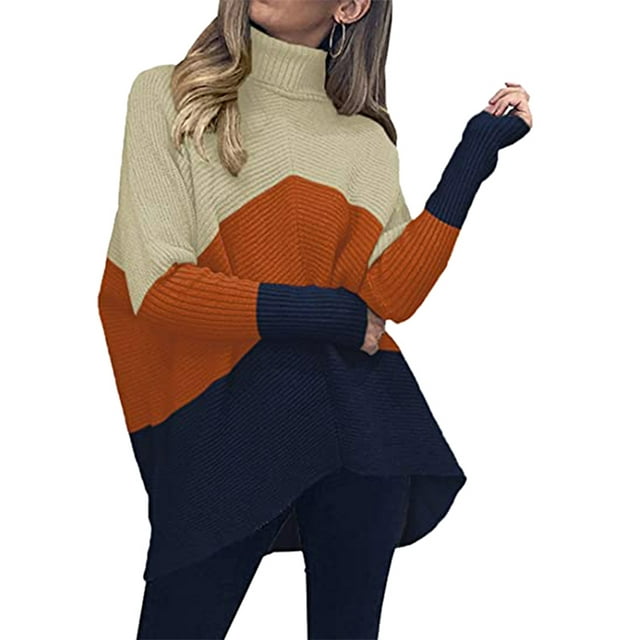 FOCUSNORM Women Solid/Contrast Color Sweater Bat Sleeve Irregular Hem Pullover