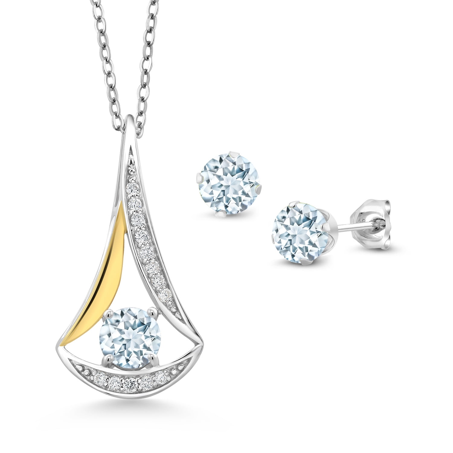 Gem Stone King 1.59 Ct Sky Blue Aquamarine E-F Lab Grown Diamond 925 Silver and 10K Yellow Gold Pendant and Earrings Jewelry Set