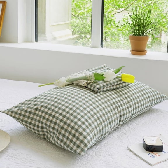 Green Gingham Pillowcases Set Farmhouse Standard Size Pillow Shams Buffalo Green Plaid Pillowcases Set of 2, Grid Checkered Gingham Washed Cotton,20"×26"