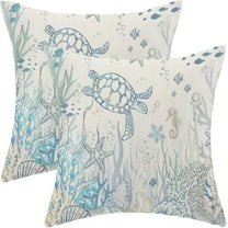 Nautical Coastal Pillow Covers 18x18 Set of 2 Turtle Coral Starfish Seashell Ocean Themed Decorative Cushion Cover Beach Throw Pillow Covers Linen for Home Sofa Couch Outdoor Decor